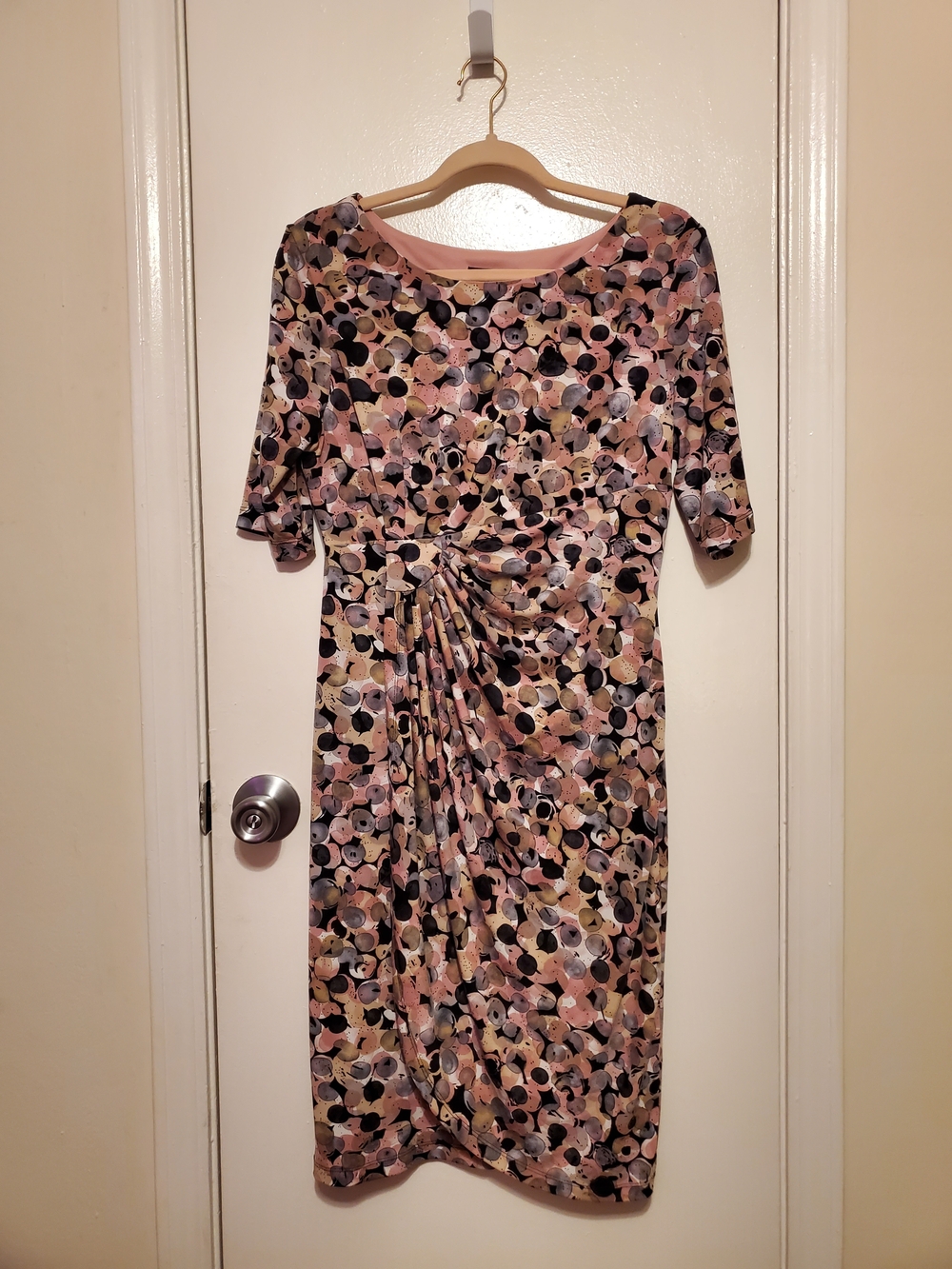 Connected Apparel Pink, Black & Cream Printed Midi Sheath Dress